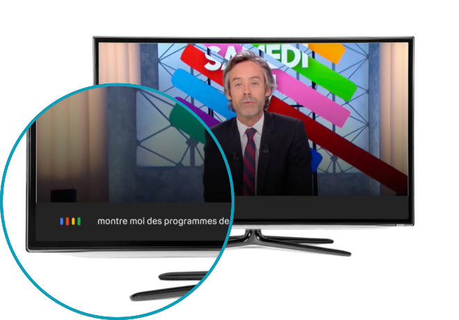 Image de la deuxième étape, la requête « montre-moi des programmes de sport s’affiche en bas de l’écran de la télévision connectée | Bouygues Telecom