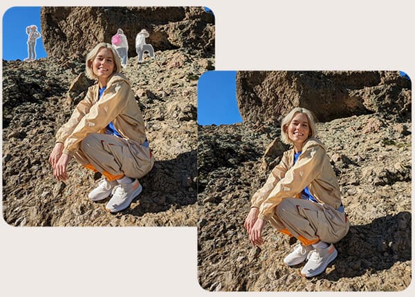Bouygues Telecom - jeune femme au 1er plan sur 2 photos sur une pente rocheuse avec des éléments en arrière plan qui seront effacés grâce à la gomme magique sur la 2eme photo - Google Pixel 7a